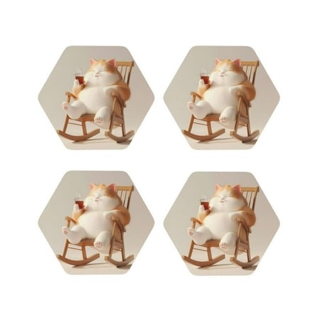 

Drink Coasters Set of 4 Relaxing Cat With Tea Leather Coasters for Coffee Table Protector Heat Resistant Cute Coasters for Home Decor Housewarming Gifts Bar Kitchen 4 Inch Hexagon