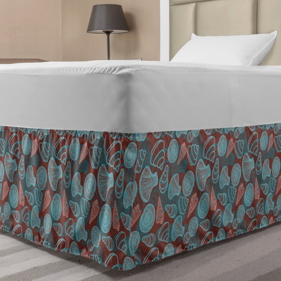 Ocean Bed Skirt, Deep Sea Creatures Seashell Mollusk Spiral Shellfish Nautilus Pattern, Elastic Bedskirt Dust Ruffle Wrap Around for Bedding Decor, 4 Sizes, Pale Maroon Teal Seafoam, by Ambesonne
