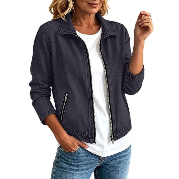 Womens Jeans Jacket Solid Color Lapel Zipper Denim Casual Outerwear Jacket for Spring and Fall