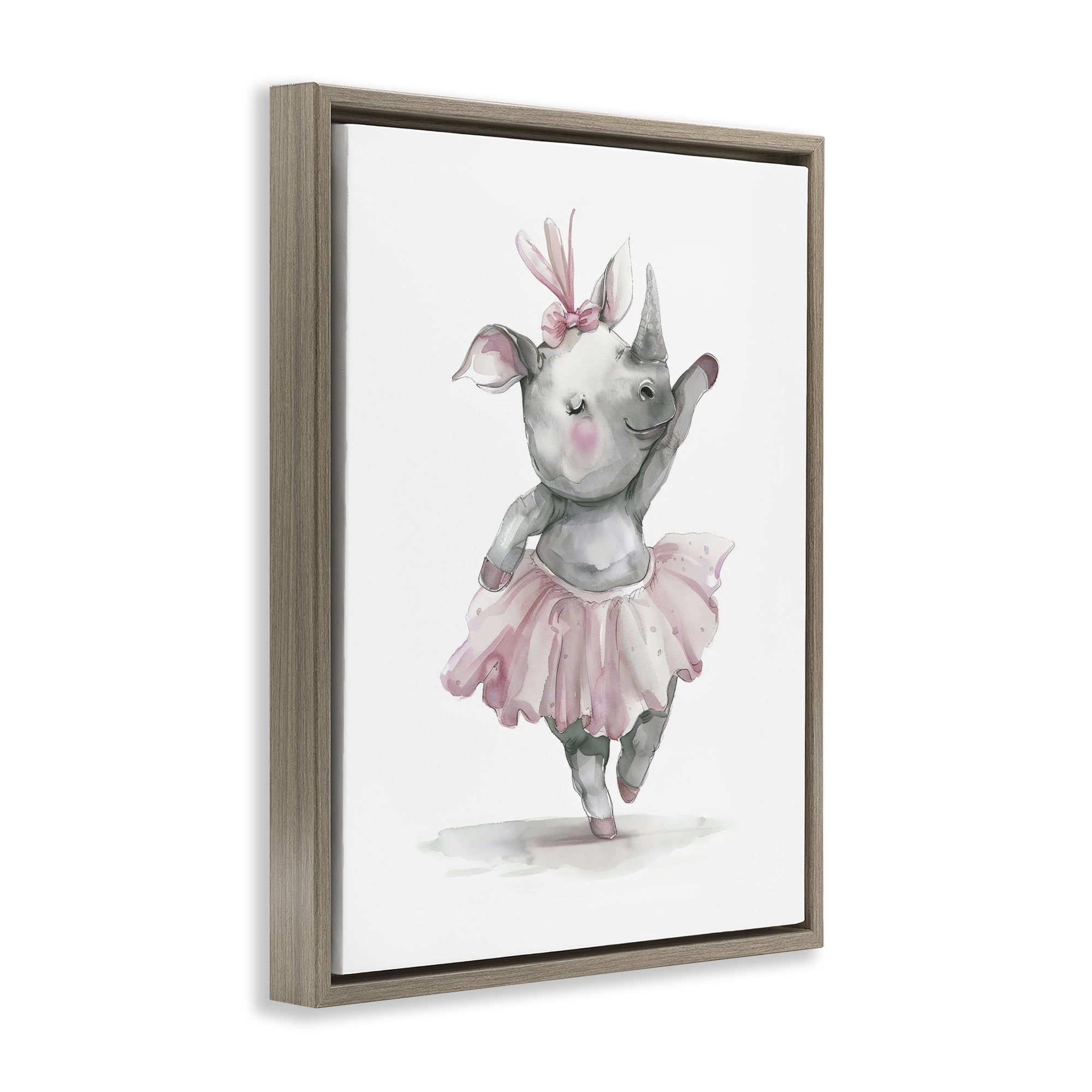 Stupell Industries Ballerina Rhino in Pink Tutu Brown Framed Floater Canvas Wall Art, design by LSR Design Studio