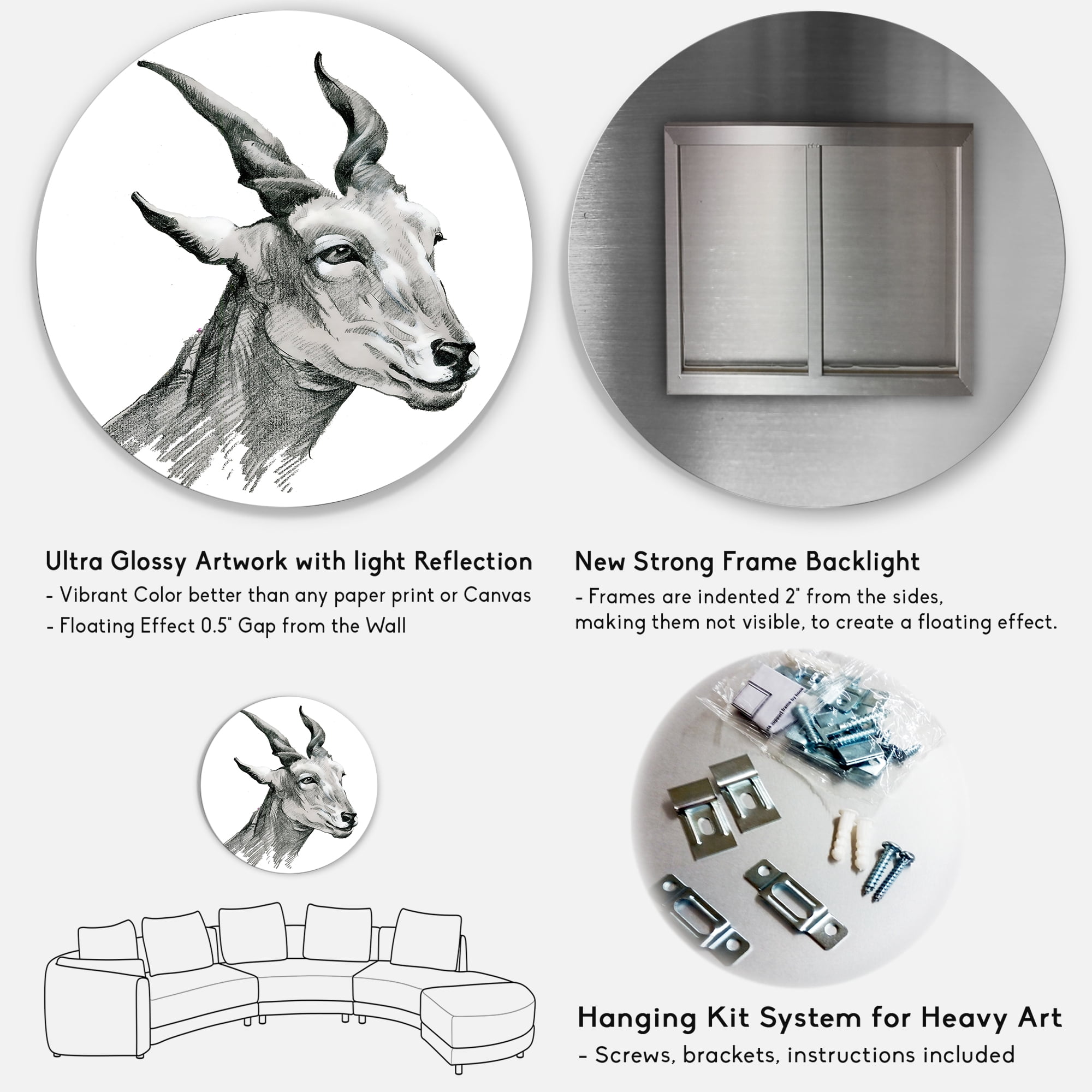Designart 'Black and White Portrait Of Goat I' Farmhouse Circle Metal Wall Art 23x23 - Disc of 23