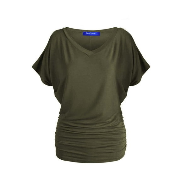 Women's Solid Short Sleeve V Neck Dolman Top With Side Shirring Olive M