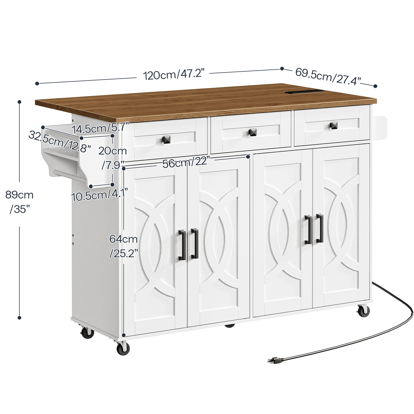 Kitchen Island with Drop Leaf, Rolling Kitchen Island with Storage and Power Outlet, Kitchen Cart with 3 Drawers and Adjustable Shelves, Towel and Spice Rack, White and Walnut