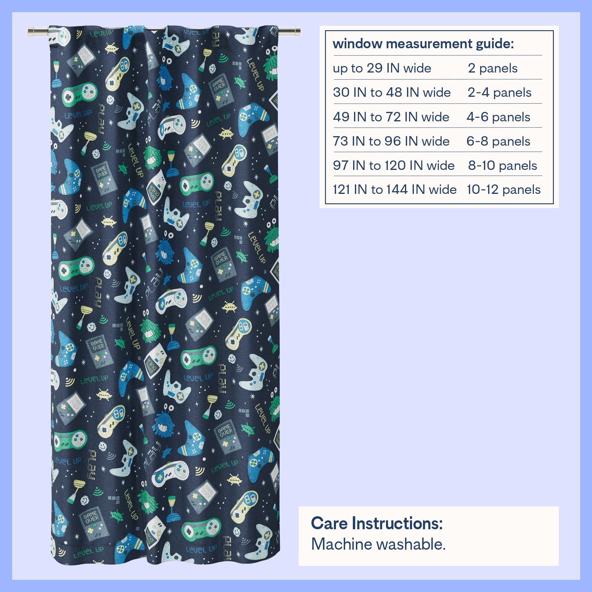 Mainstays Kids Blackout Curtain Panel, Glow-in-the-Dark Gamer Print, Rod Pocket with Back Tabs, Navy Blue, 38 in x 63 in