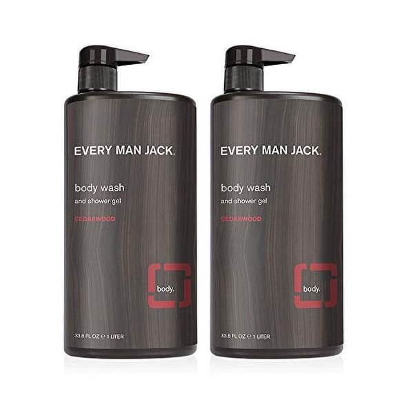 Gel de baño para hombre Every Man Jack - | Paquete doble de 33 onzas - 2 botellas incluidas | Sin parabenos de origen natural, sin ftalatos, sin colorantes y libre de crueldad (madera de cedro)