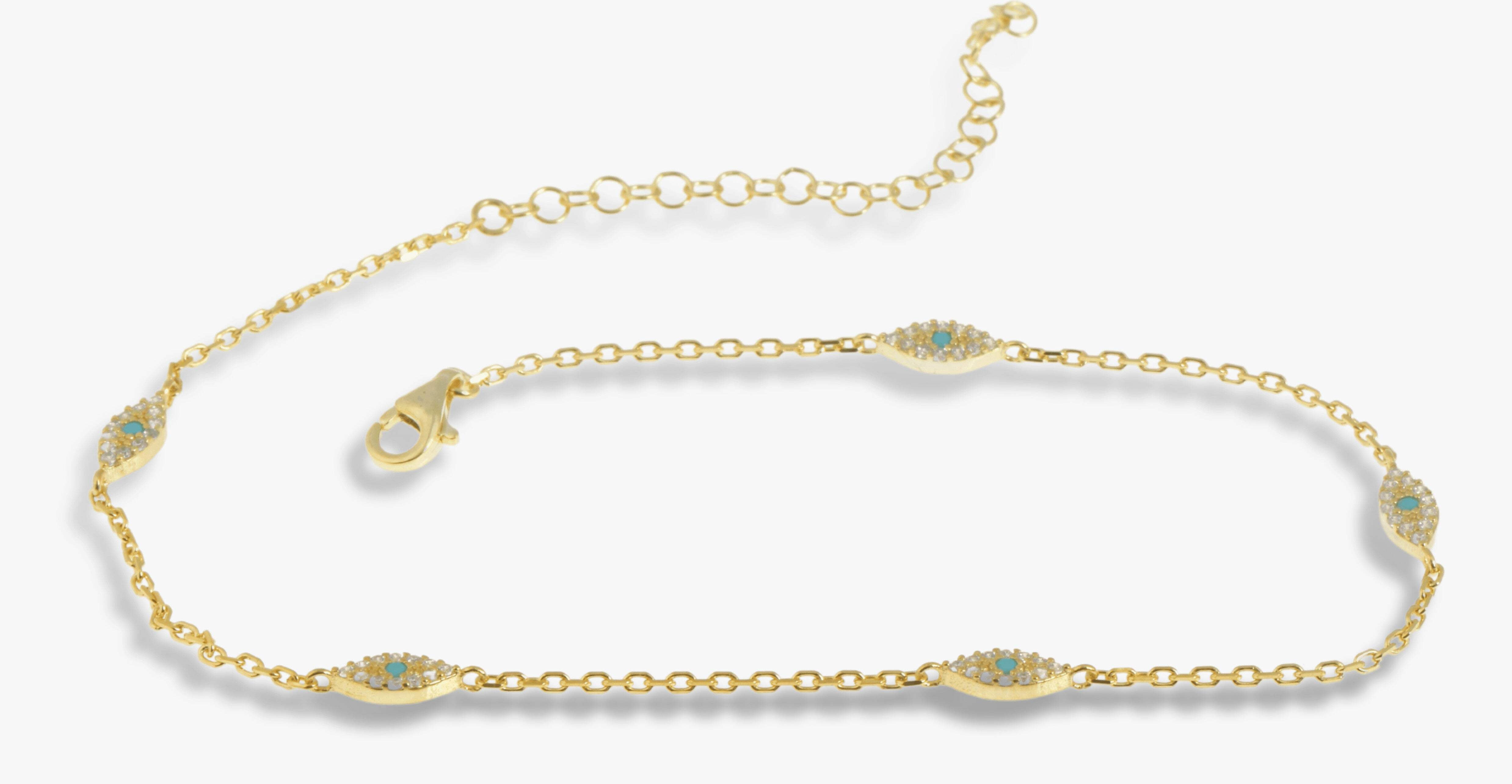 Gold Plated Cable Chain Evil Eye Silver Anklet