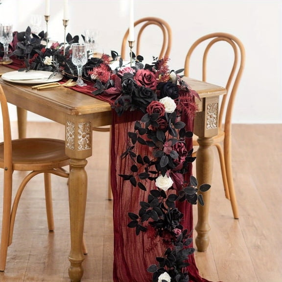 5.9FT Burgundy Black Artificial Flower Garland with Eucalyptus and Rose Flowers Fall Wedding Halloween Home Decorations