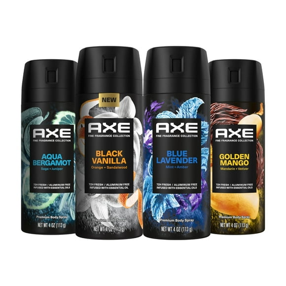 AXE Fine Fragrance Collection Premium Deodorant Body Spray for Men - Variety Pack - Blue Lavender, Aqua Bergamot, Golden Mango, & Black Vanilla - Pack