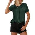 thumbnail image 1 of Top de manga corta para mujer, camiseta informal plisada con cuello redondo y tipo suelto para uso en verano, verde oscuro S, 1 of 6