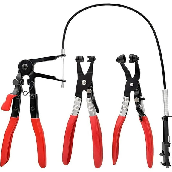 Long Reach Chrome Vanadium Steel 3pcs Hose Clamp Pliers Set - Wire Water Hose Remover Kit with Band Flat & Large Clamps - for Automotive Coolant Radiator Heater