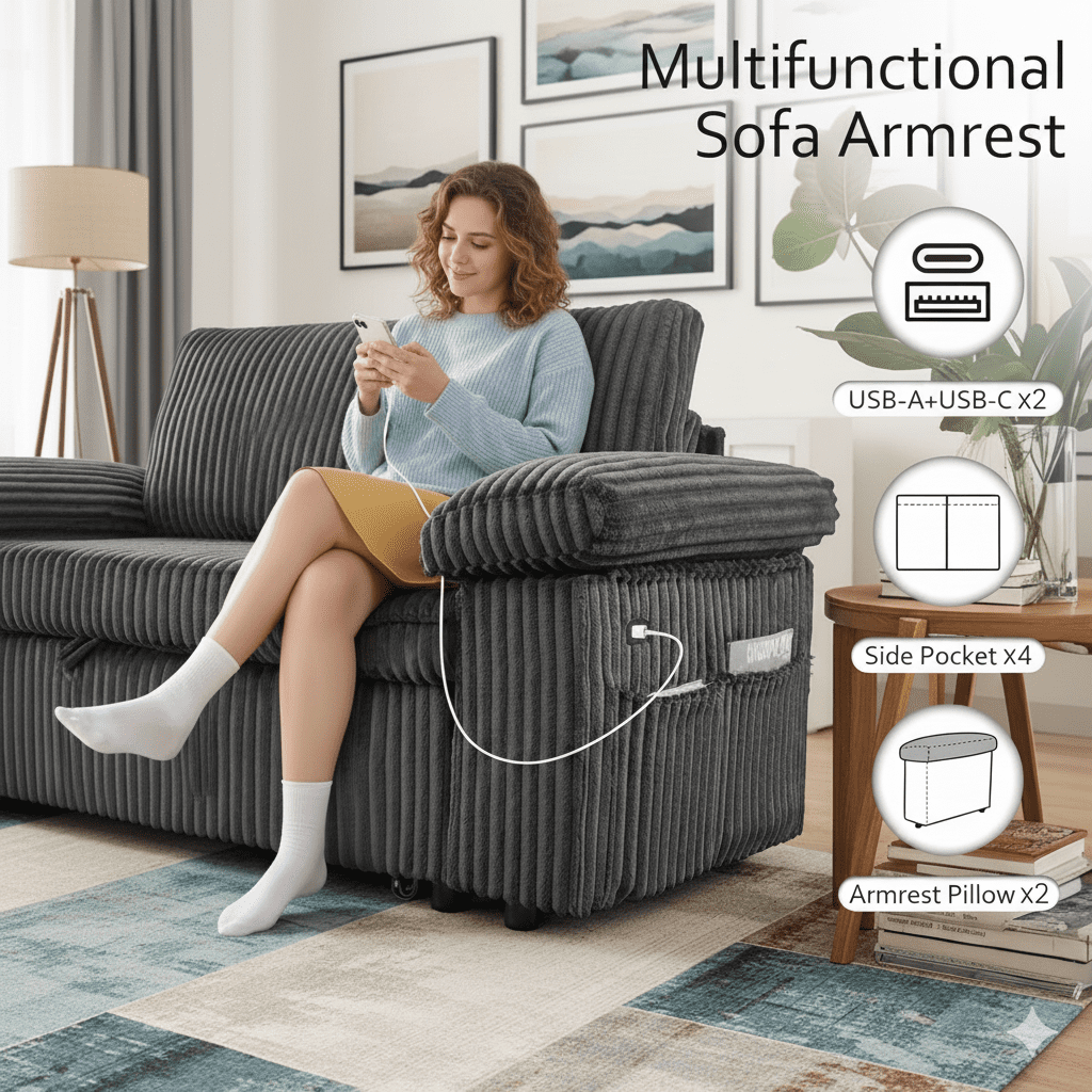 TiramisuBest 81'' Modular Sectional Sofa, Convertible Sleeper Sofa Bed with Pull Out Couch, Corduroy V Shaped Sectional Couches with Storage Seat for Living Room Bedroom (Dark Grey)