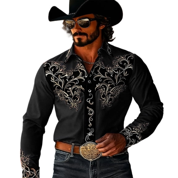 Western Retro Floral Print Long Sleeve Button Down Shirt for Cowboy Party and Outdoor Events Black L