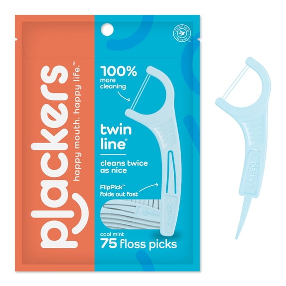 Plackers Twin-Line Dental Flossers, Cool Mint Flavor, Dual Action Flossing System, Easy Storage, Super Tuffloss, 2X The Clean, 75 Count