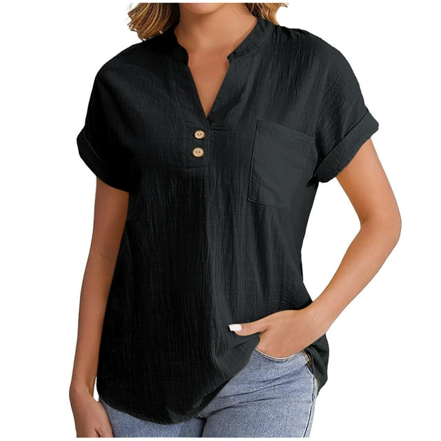 Tops de Manga Corta para las Mujeres Loose Fit V-Cuello Color Sólido Blusa con Bolsillos, Camisa Casual para el Uso Diario