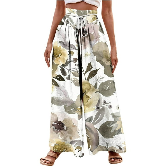 QQAMB Women Pants Elastic Waist Floral Print Beach Palazzo Loose Pants Comfy Trousers with Pockets Red 2XL