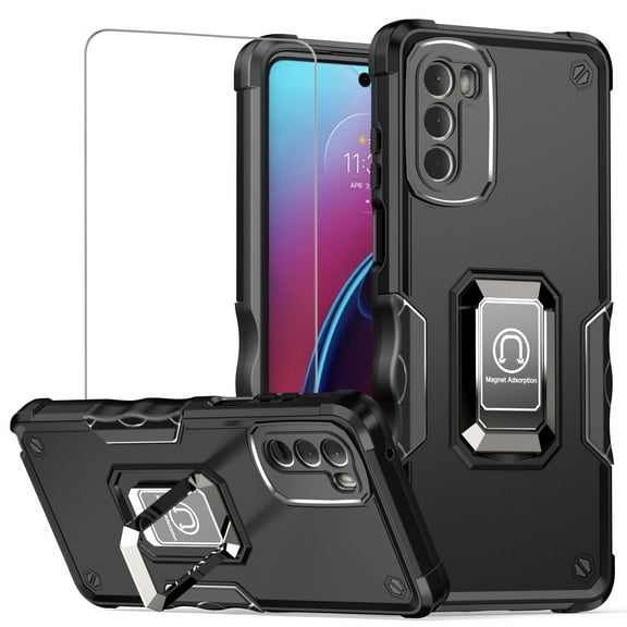 TJS for Motorola Moto G Stylus 2022 Phone Case, with Tempered Glass Screen Protector, [Military Grade] Heavy Duty Protective Cover, Magnetic Support Ring Kickstand Case for Moto G Stylus (Black)