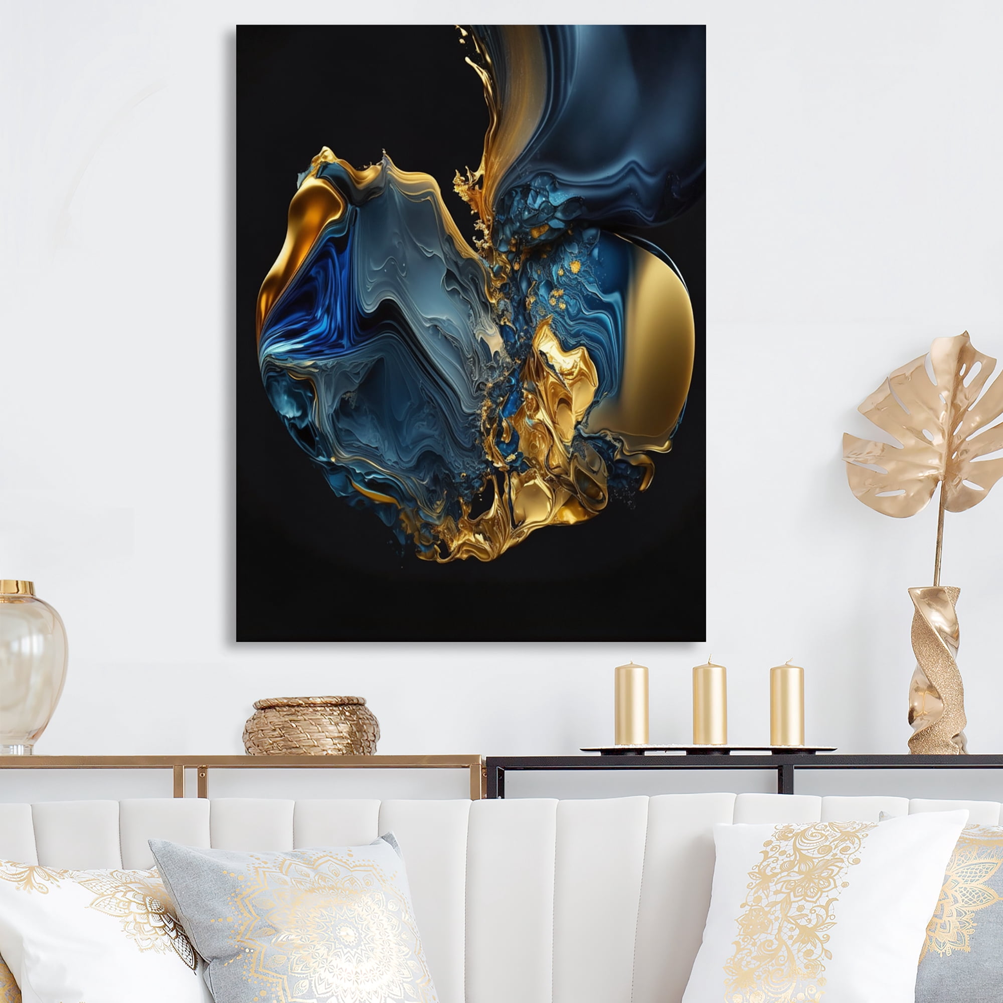 Designart Abstract Marble Geode Blue And Gold Canvas Wall Art