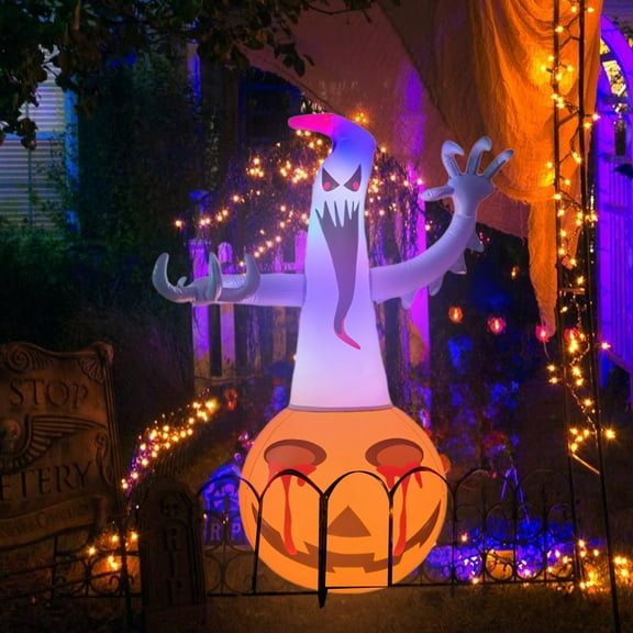 XMMSWDLA Halloween Inflatable Pumpkin & Ghost Decor - LED Remote Control Color Changing Outdoor Yard Decor for Garden Parties