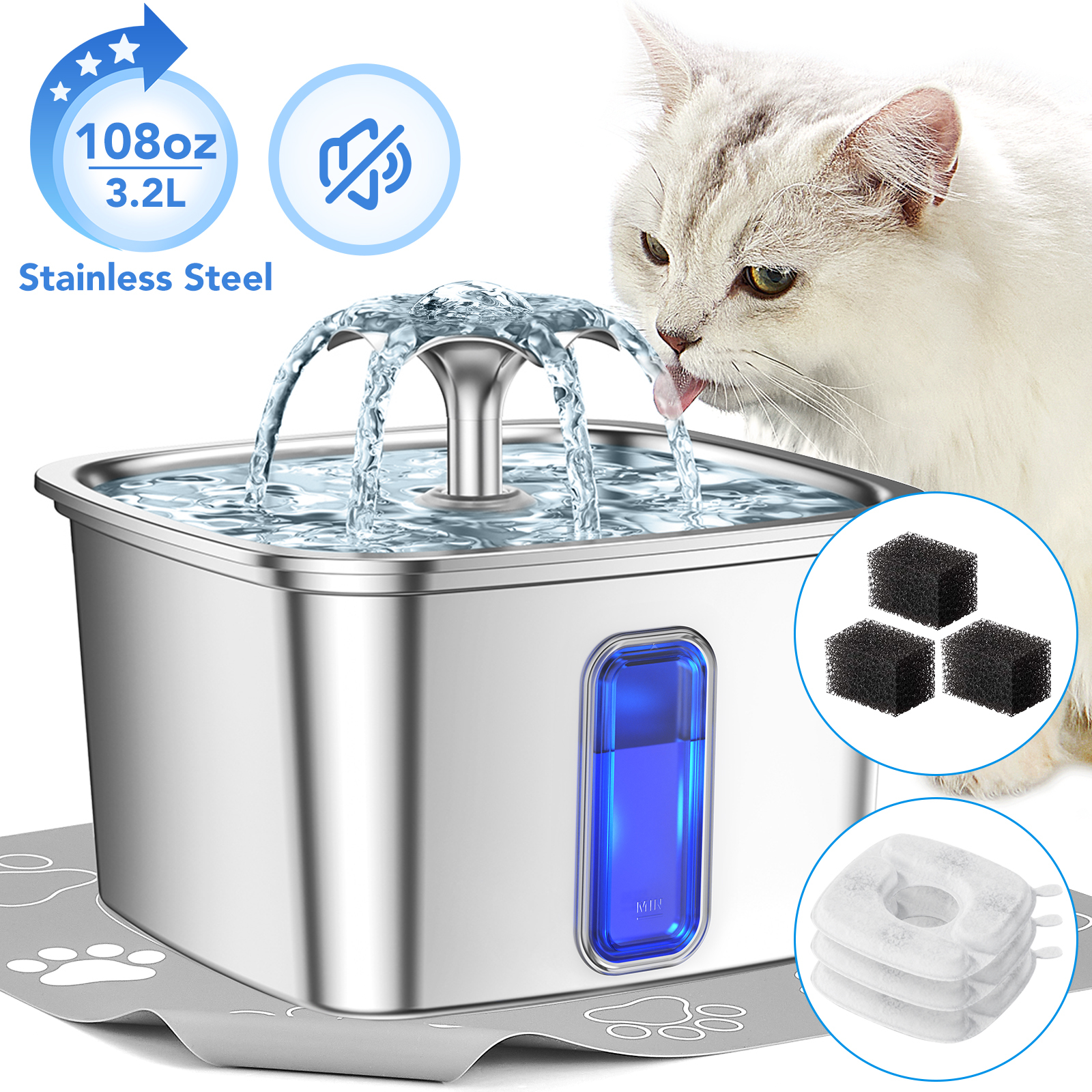 Ophanie Stainless Steel Cat Water Fountain, 108oz, Silver photo 1