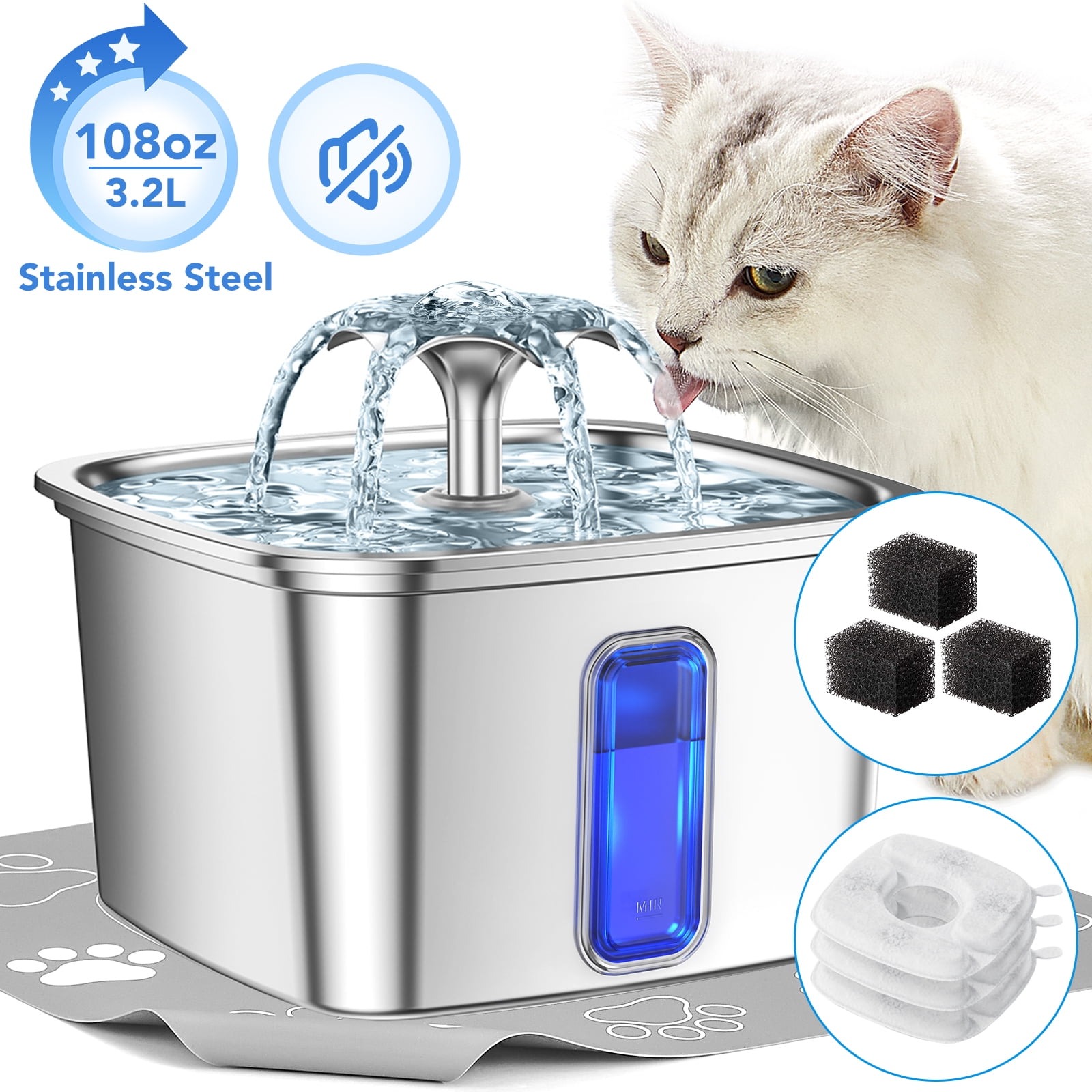 Ophanie 108oz/3.2L Stainless Steel Cat Water Fountain with Replacement Filters & Silicone Mat, Automatic Water Dispenser for Cat and Dogs, Electric Drinking Bowl Suitable for Multiple Pets, Silver