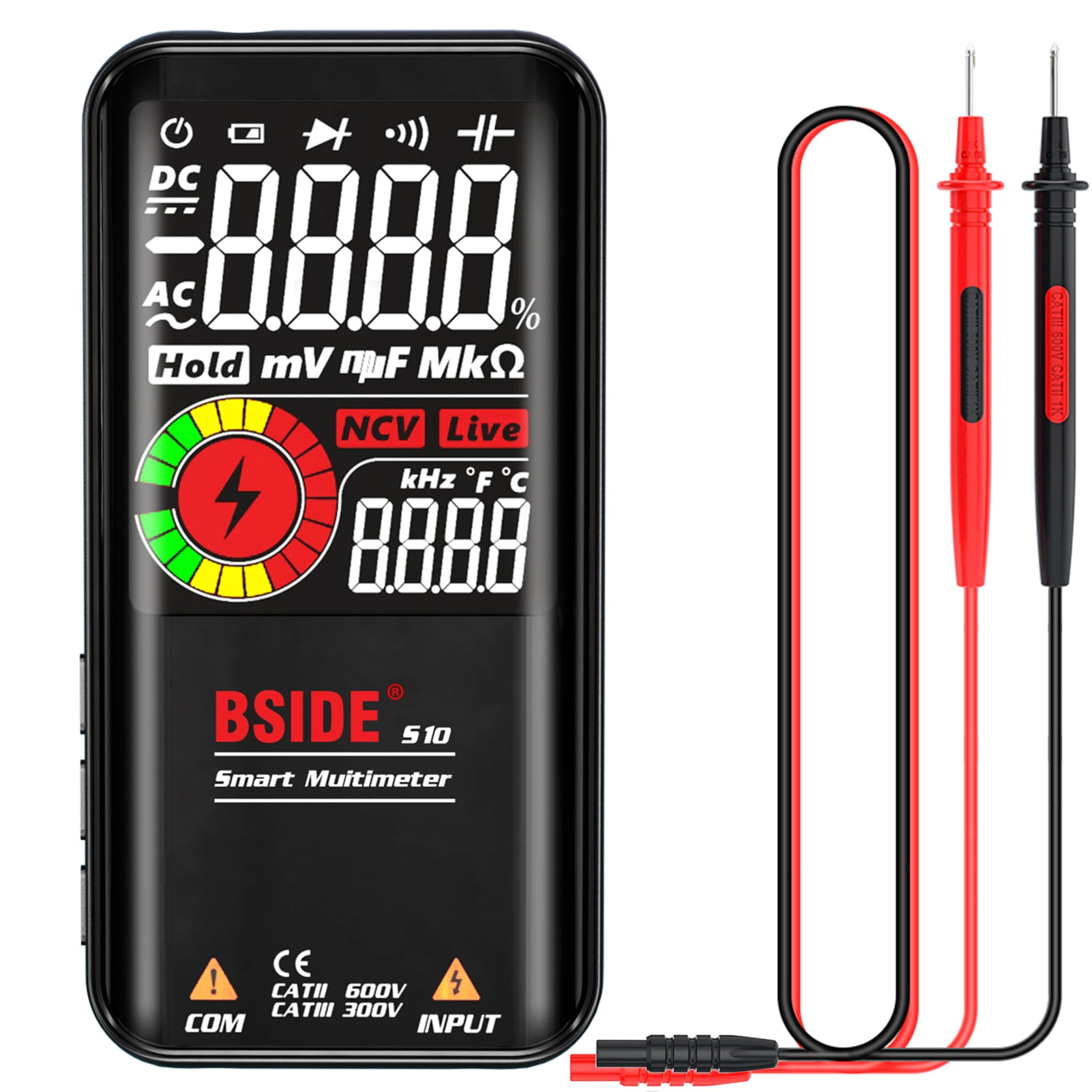 Voltmeter BSIDE S10 Intelligent 9999 Counts Multimeter Digital LCD Display AC/DC Voltmeter Ohmmeter Test Resistance Capacitance Frequency Diode Continuity NCV Live Line with Flash Light Data