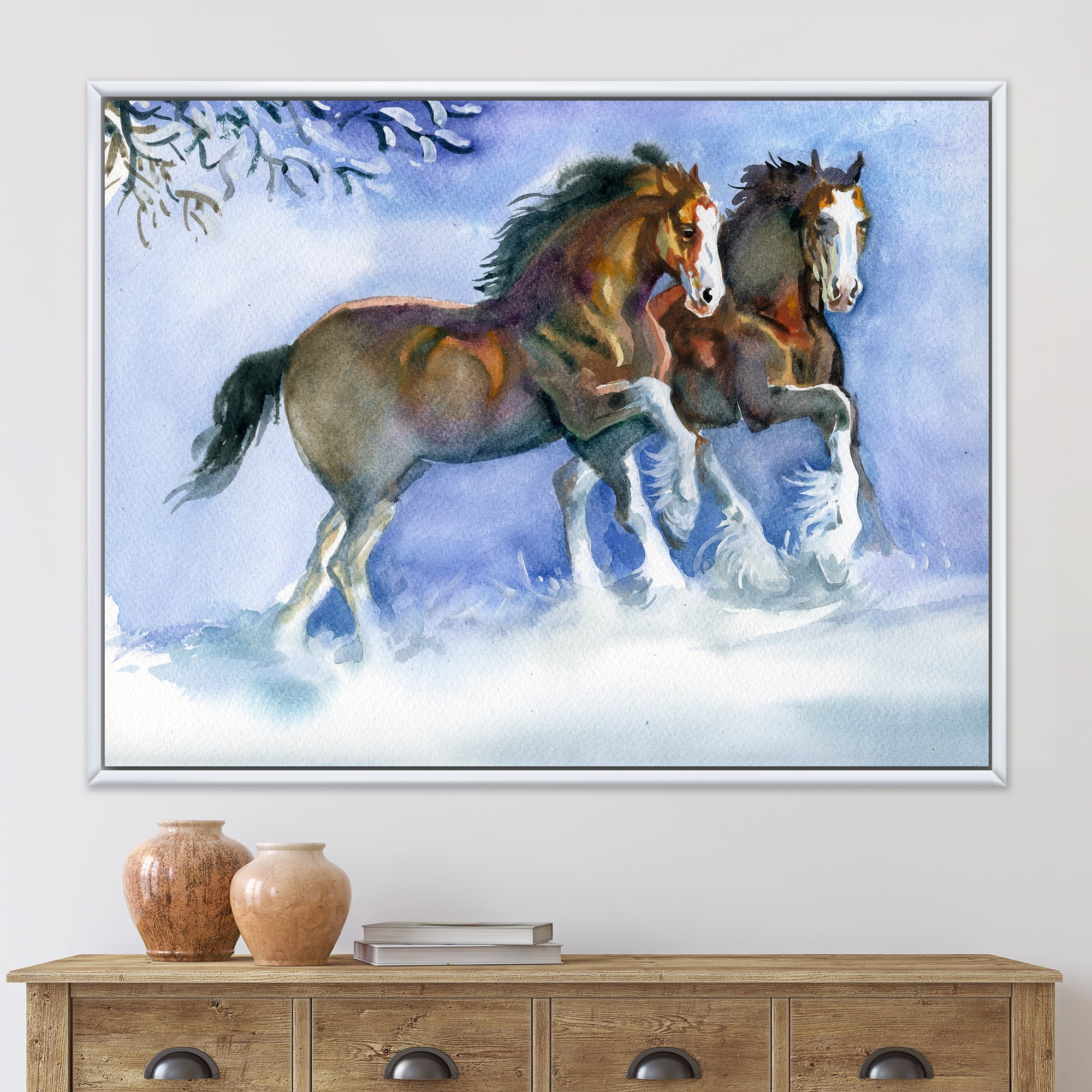 Designart 'Horses Running In Winter On Blue' Farmhouse Framed Canvas Wall Art Print