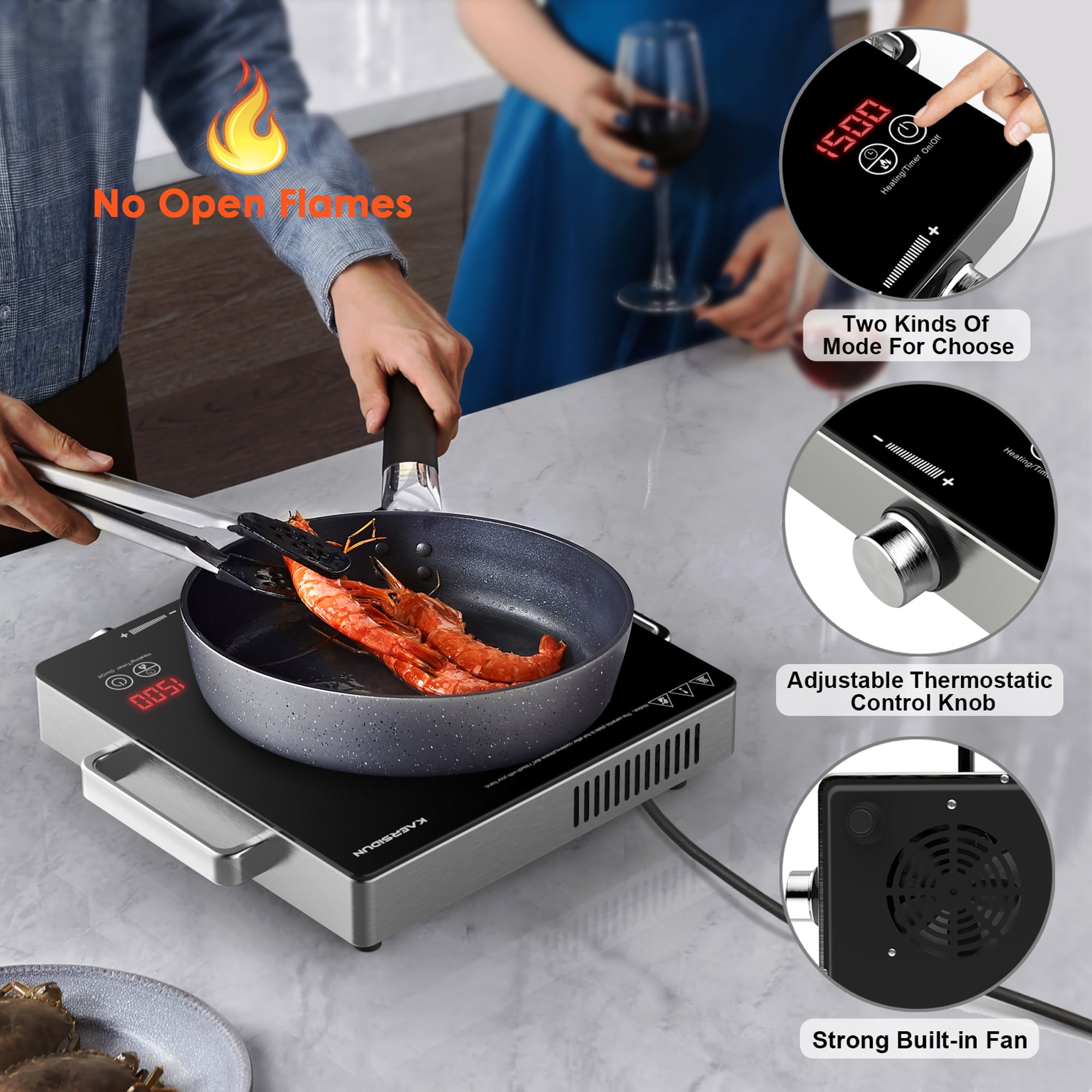 Hot Plate Electric Single Burner 1500W Portable Burner for Cooking with Adjustable Temperature & Stay Cool Handles, Non-Slip Rubber Feet, Stainless Steel Easy to Clean, Compatible for All Cookwares