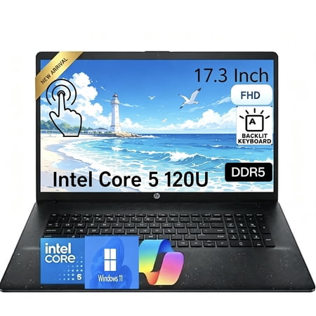 HP OmniBook 3 17.3" FHD Touchscreen Laptop, Intel Core 5 120U Processor (>Core i5-1334U), 32GB DDR5 RAM, 1TB PCIe SSD, IPS Display, WiFi 6, Backlit Keyboard, Windows 11 Pro,Mica silver