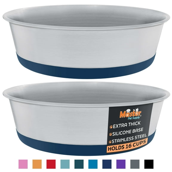 Master Pet Supply Stainless Steel Dog Bowls Set of 2 with Extra Thick Silicone Base - 16 Cup (128 oz) Navy Blue, Non-Slip, Dishwasher Safe Metal Bowls, Pet Dog Food Bowl for Dogs, Cats, Anti Rust