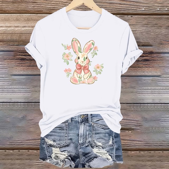 Haivin Easter Shirts for Women 2026 Funny Cute Bunny Egg Printed Tees Casual short Sleeve Tops Happy Easter T-Shirt Outfits