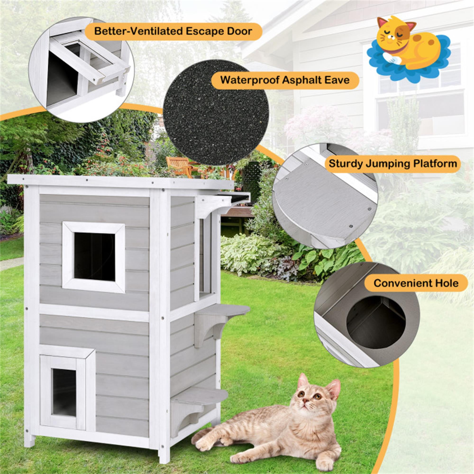 Kadyn 39" Cat House for Outdoor Cats, 2-Story Wood Cat Condo Weatherproof Cat Shelter with and Escape Door, Gray