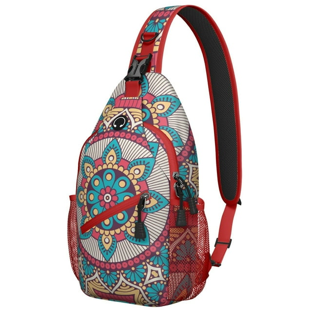 Trippy Mandala Sling Backpack for Women, Abstract Psychedelic Shoulder Bag with Bohemian Pattern, Healing Travel Crossbody Daypack