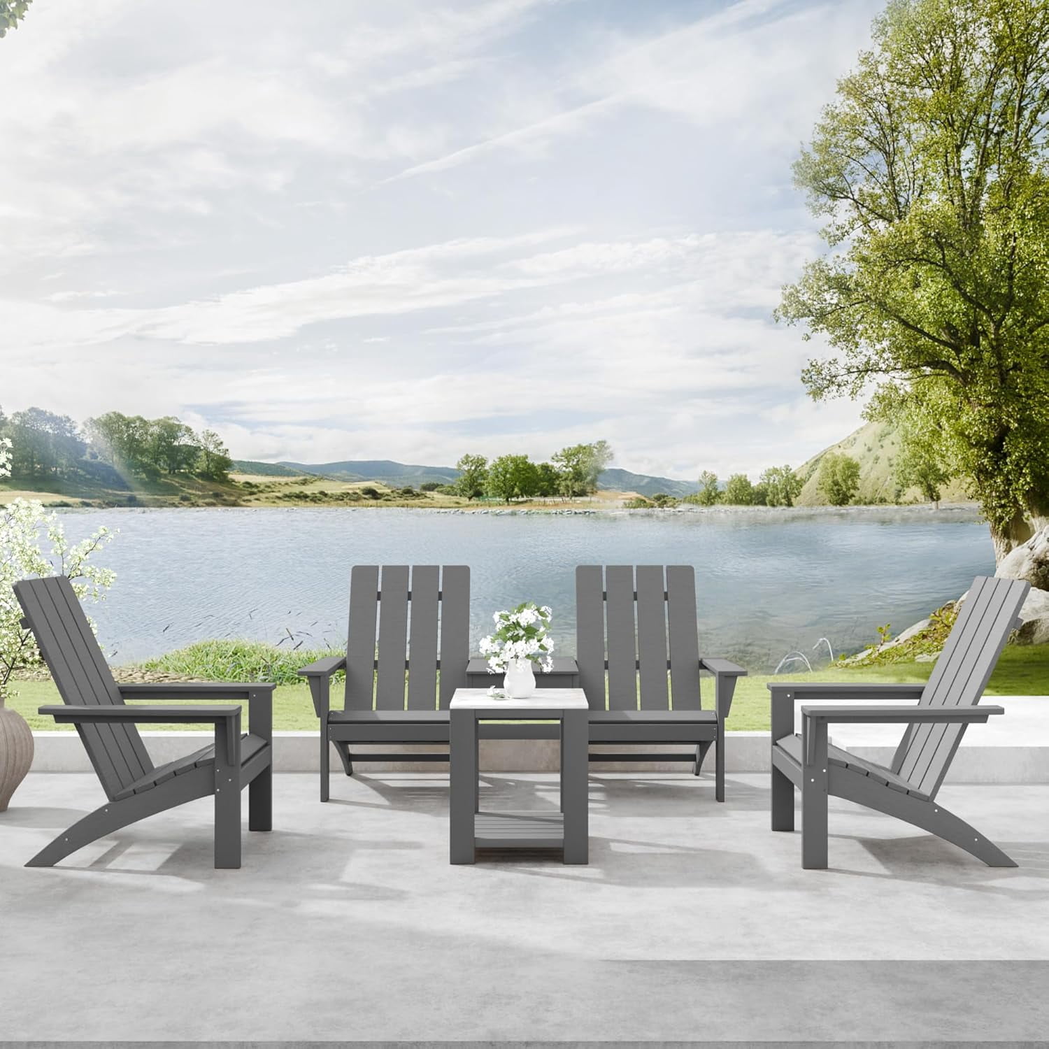 ALAULM All-Weather HDPE 8PCS Modular Flexible Combination Adirondack Conversation Set with Marble-Look Interlocking Side Tables for Deck Patio Poolside, Gray