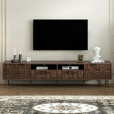 PPOSFPH Mid Century TV Stand for TVs up to 85'', Home Entertainment Center with 2 Drawers for Living Room, Bedroom, Dark Brown