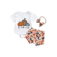 thumbnail image 1 of Qmyliery 3Pcs Baby Girls Halloween Outfit, Pumpkin/Letter Print Short Sleeve Romper + Shorts + Headband Set for Infants, 0-18 Months, 1 of 9