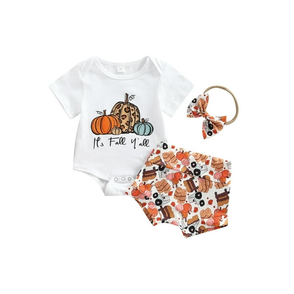Qmyliery 3Pcs Baby Girls Halloween Outfit, Pumpkin/Letter Print Short Sleeve Romper + Shorts + Headband Set for Infants, 0-18 Months