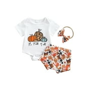 jaweiw 3Pcs Baby Girls Halloween Outfit Set, Pumpkin/Letter Print Short Sleeve Romper   Shorts   Headband Set for Infants, 0-18 Months