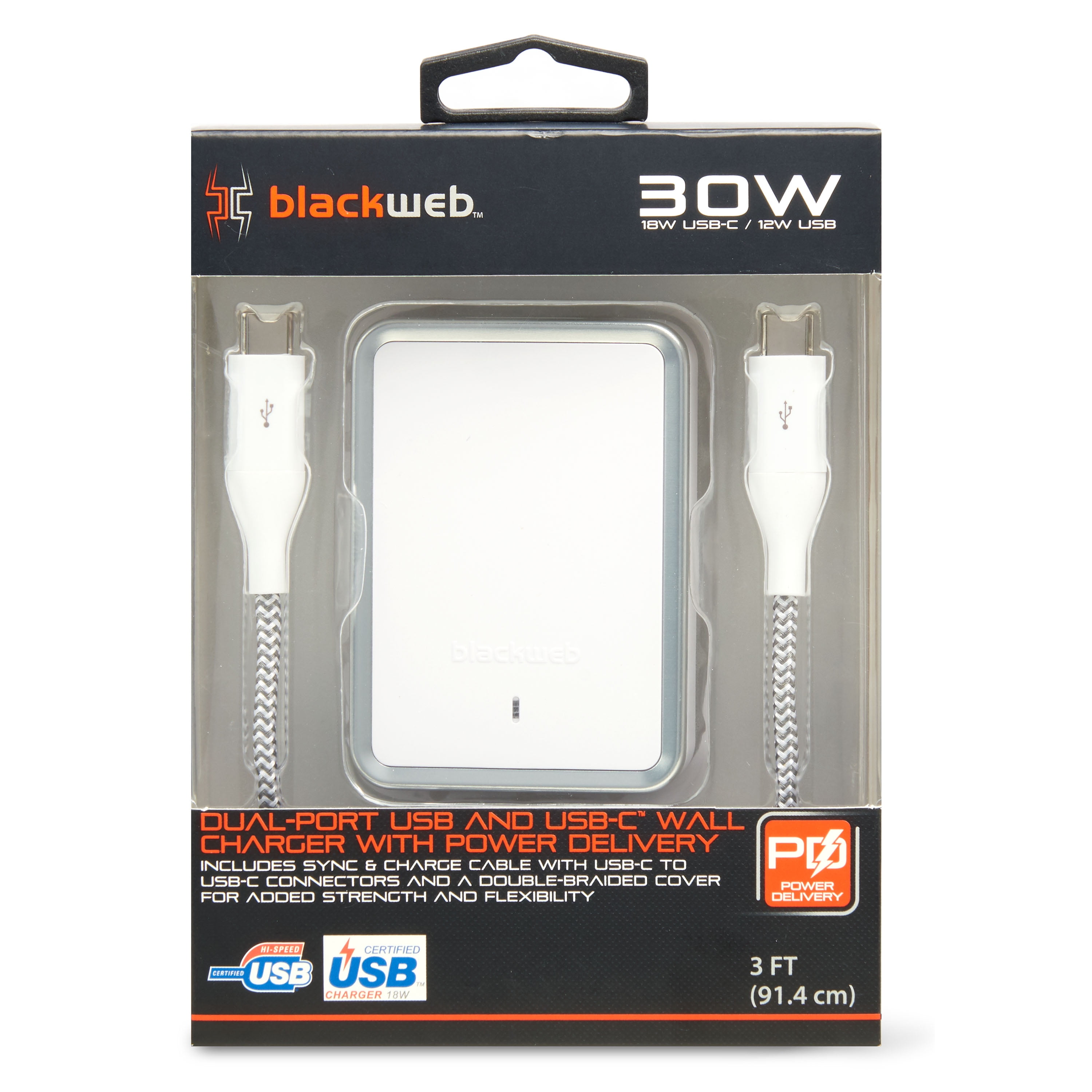Blackweb Power Bank DualPort USB & USBC Wall Charger, 30 Watts, White