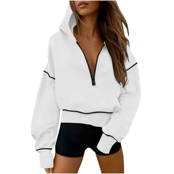 asjyhkr Half Zip Hoodies Daily Wear Fall Sweatshirts Casual Long Sleeve Loungewear Fitted Cropped Pullover Tops(X-Large,White)