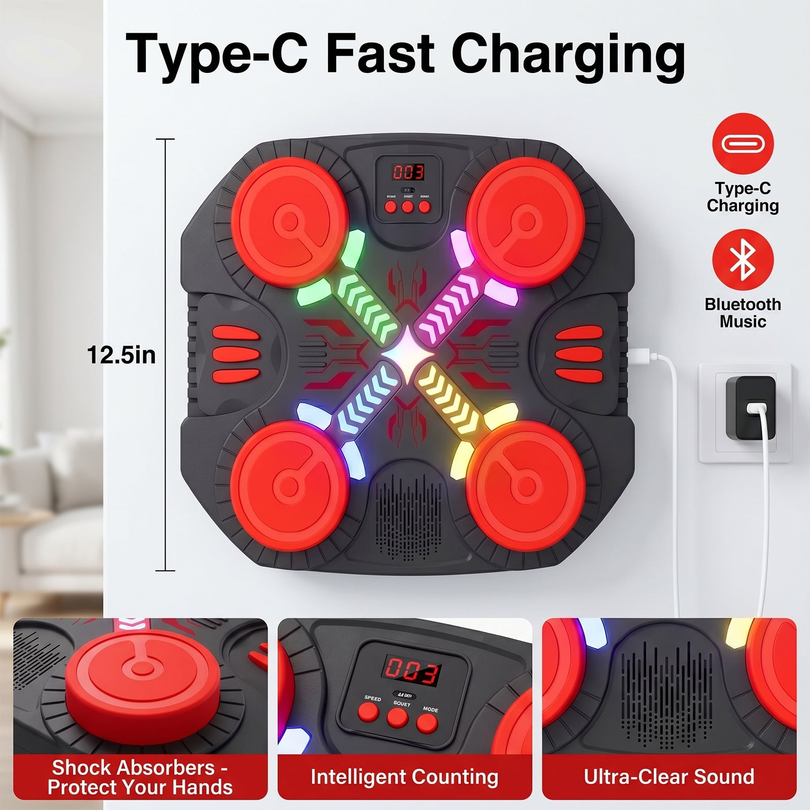 OLGEO Music Boxing Machine, Bluetooth Wall-Mounted Punching Target with LED Lights, 3 Modes & 14 Levels, Includes Gloves for Kids