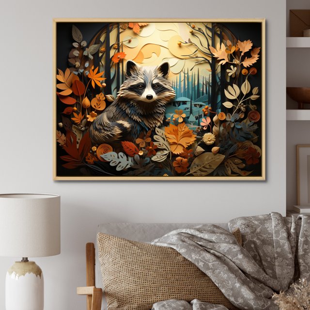 Designart Raccoon Animal framed wall art, Curious Raccoon composition I , Raccoon framed wall art decor, Multi-Color Modern Natural framed wall art, 44x34 inches Natural brown color Frame