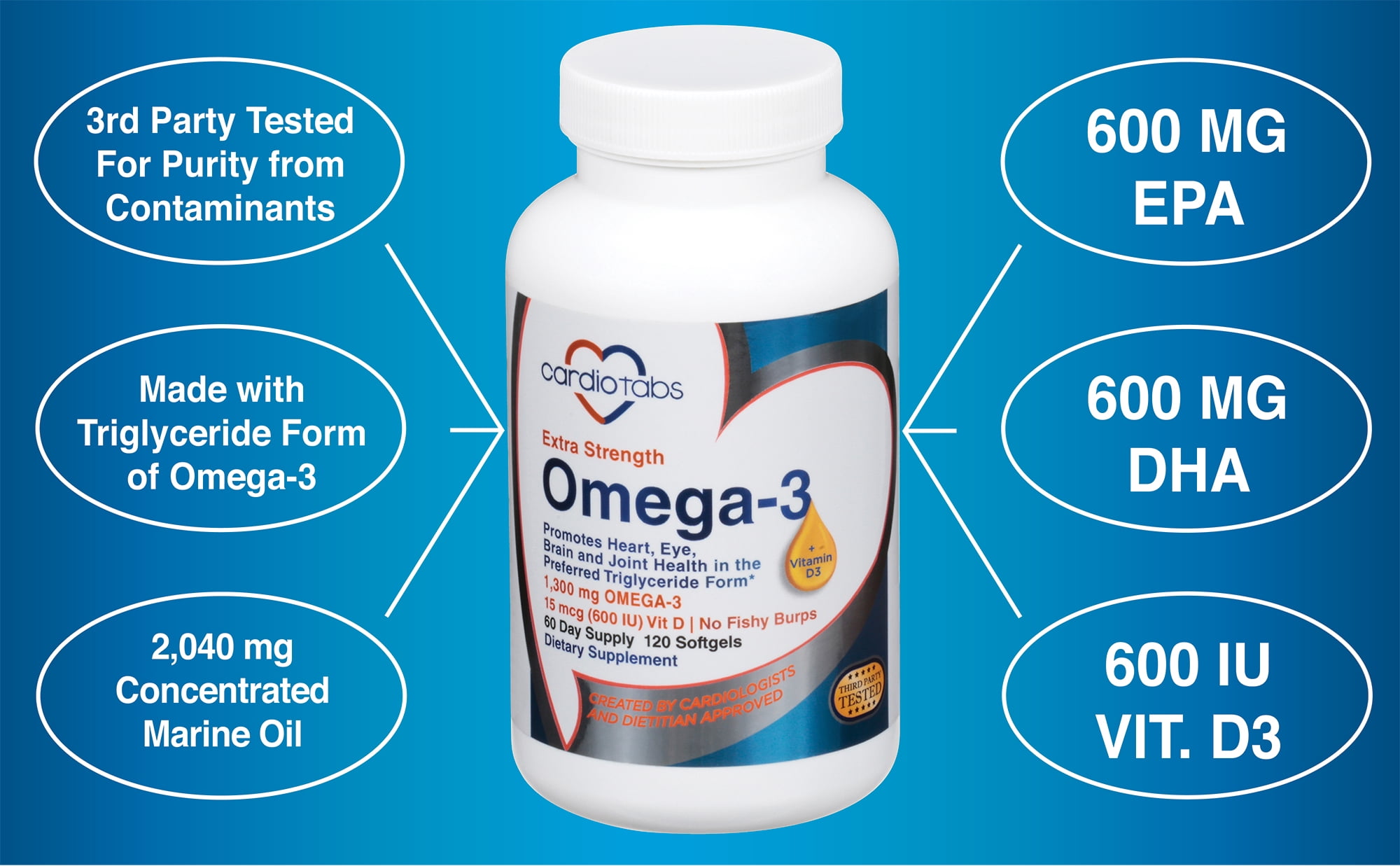 Cardiotabs Extra Strength Orange Berry Omega-3 + Vitamin D3 Dietary Supplement Softgels 120 ct Bottle