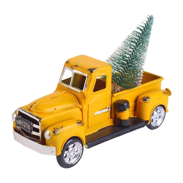 Camión de granja navideño, camioneta, modelo de automóvil, automóvil de granja de metal hecho a mano con amarillo
