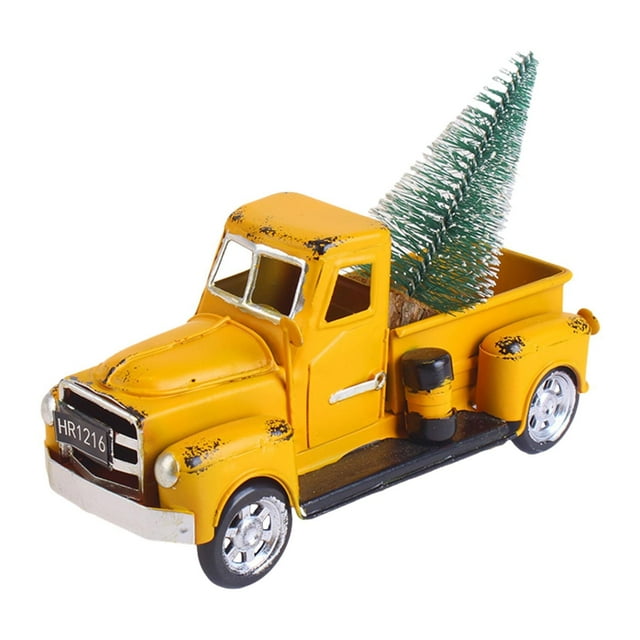 Camión de granja navideño, cesta de regalo de diseño vintage, coche de granja de metal coleccionable amarillo