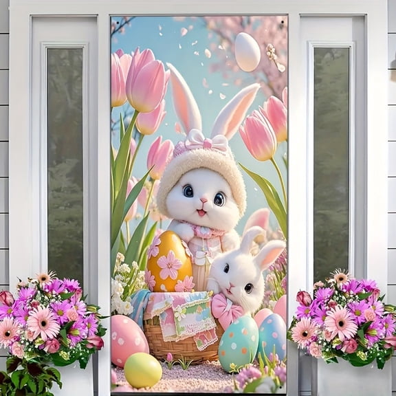 Cute Bunny Easter Door Cover, Easter Eggs Rabbit Easter Door Curtain Decorations, Effect Happy Easter Spring Holiday Welcome Door Covers for Wall Window Easter Party Supplies, 70.86x35.43Inch