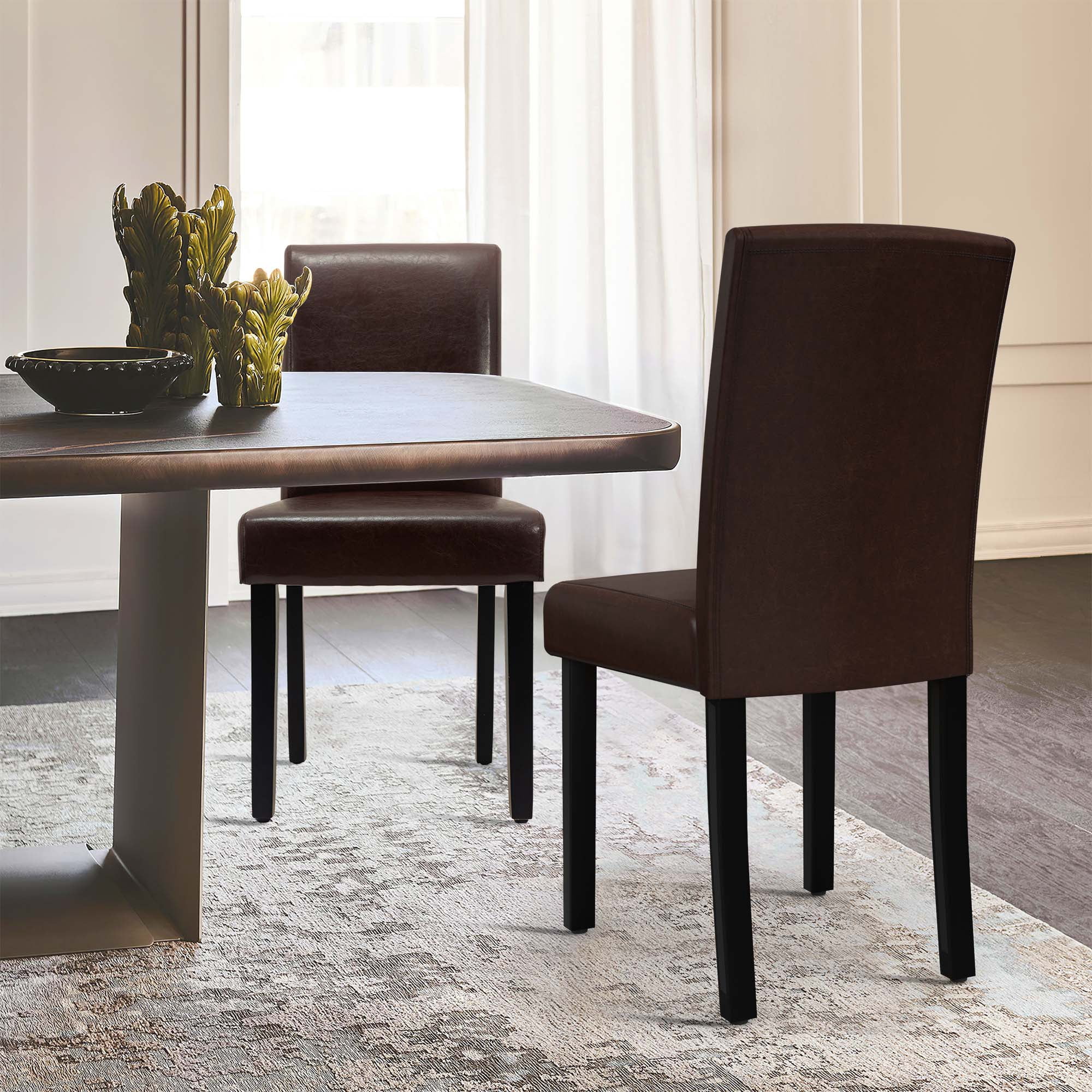 PU Dining Chairs Set of 2 Large Dining Chair with Wood Legs,Brown