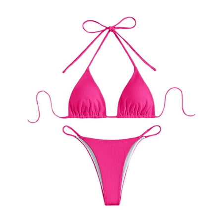 Ladies Swimsuits Solid Three-Point Bikini Spaghetti Strap Stylish Adjustable Hot Pink Bathing Suits for Women M