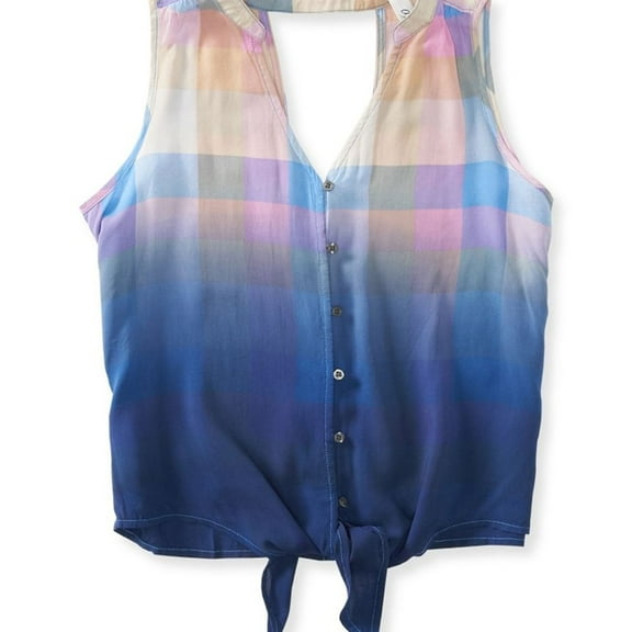 Aeropostale Womens Plaid Crop Button Down Blouse, Blue, Juniors, X-Large