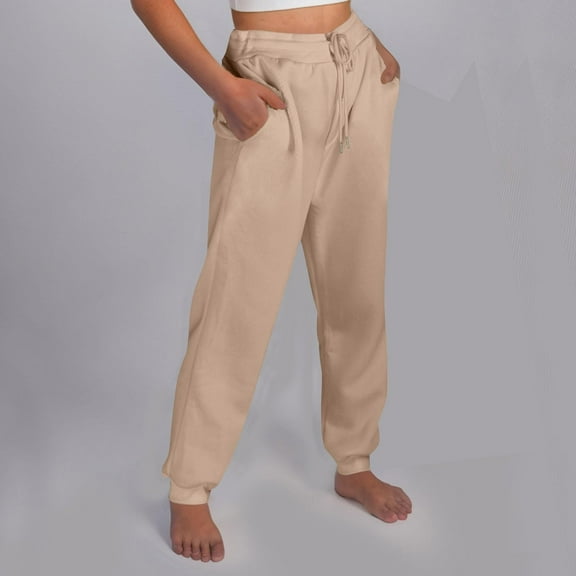 BLOCLOALO Casual Pants Stretch Pants Straight Leg Sweatpants for Women Bottom Fleece Joggers Drawstring High Waited Tapered Yoga Pants with Pockets Workout Pants Athletic Pants Palazzo Pants Beige L