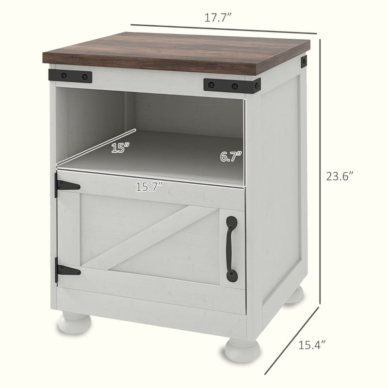 HOQBN Side Table with Storage, End Table with Open Shelf, Cupboard, and Wood Legs, Modern Farmhouse Style, White